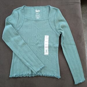 SO GirlsTeal Knit Top with Lace Detail